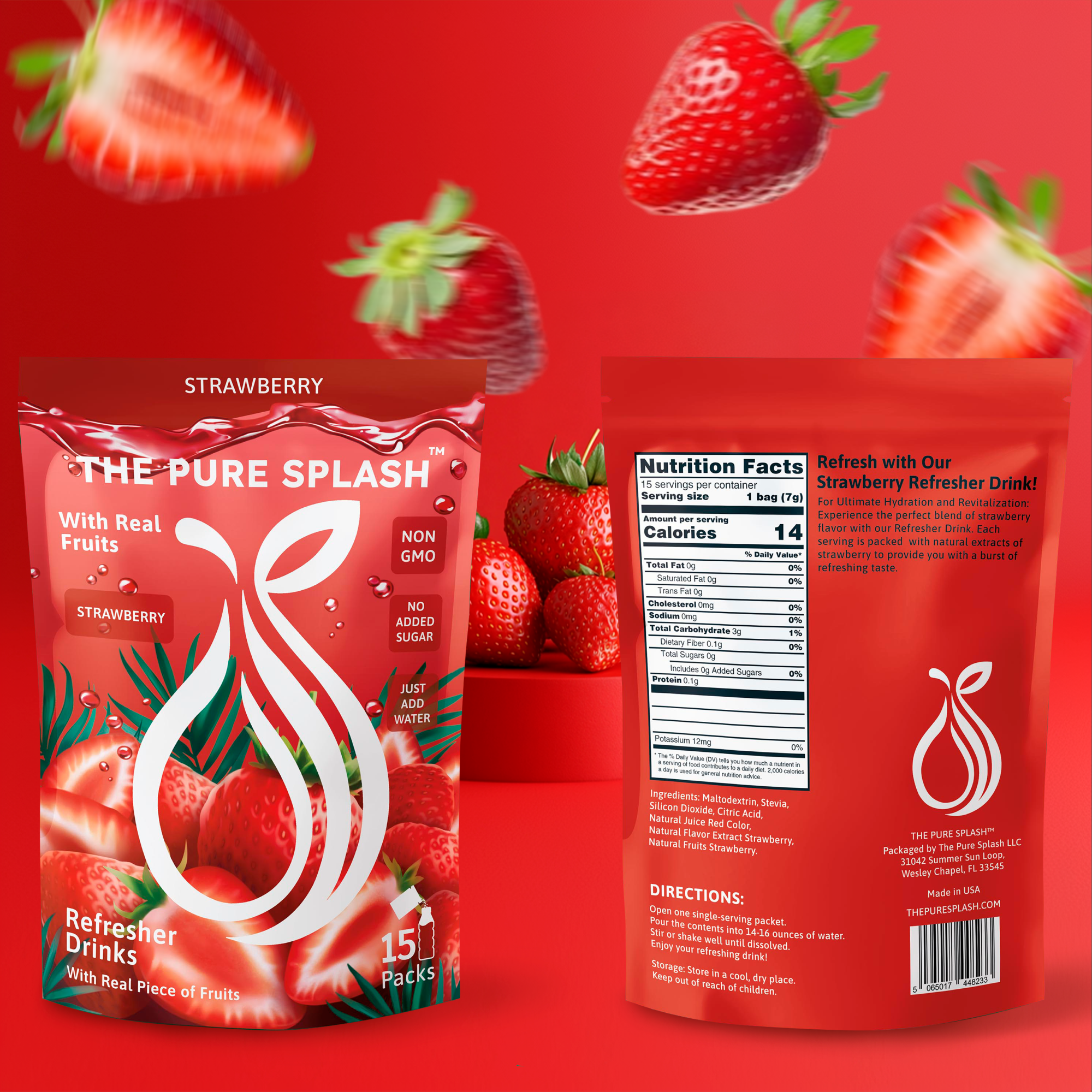 Strawberry Splash Refresher Hydration Powdered Drink – 15 Single On-The-Go Packets