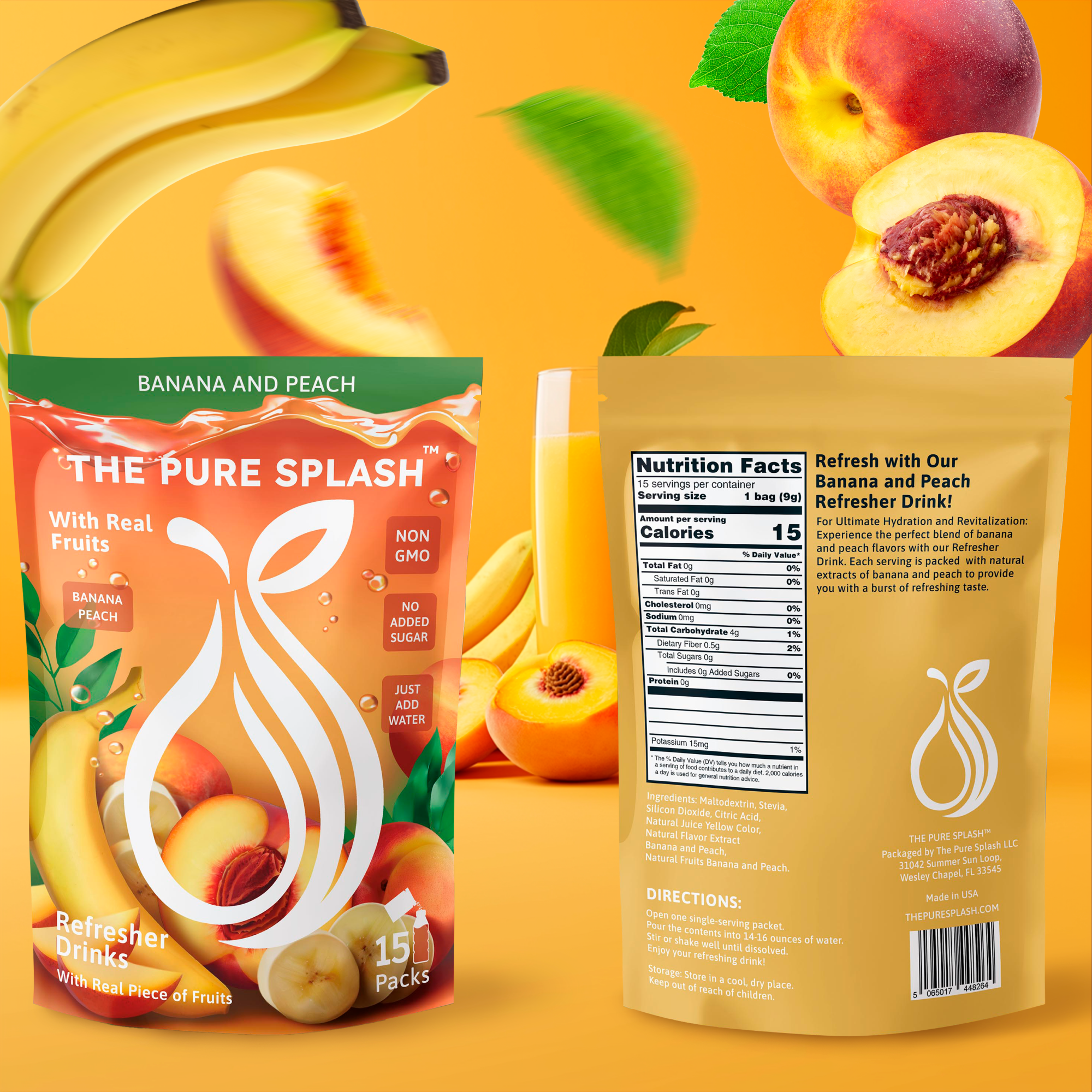 Peach & Banana Sunset Refresher Hydration Powdered Drink – 15 Single On-The-Go Packets