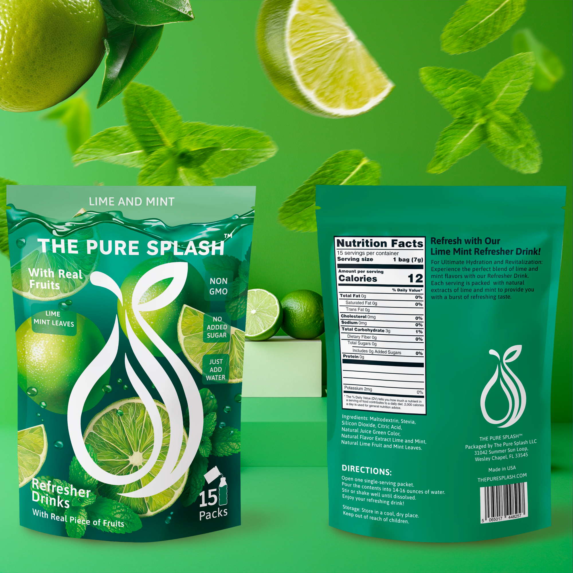 Lime & Mint Zest Refresher Hydration Powdered Drink – 15 Single On-The-Go Packets