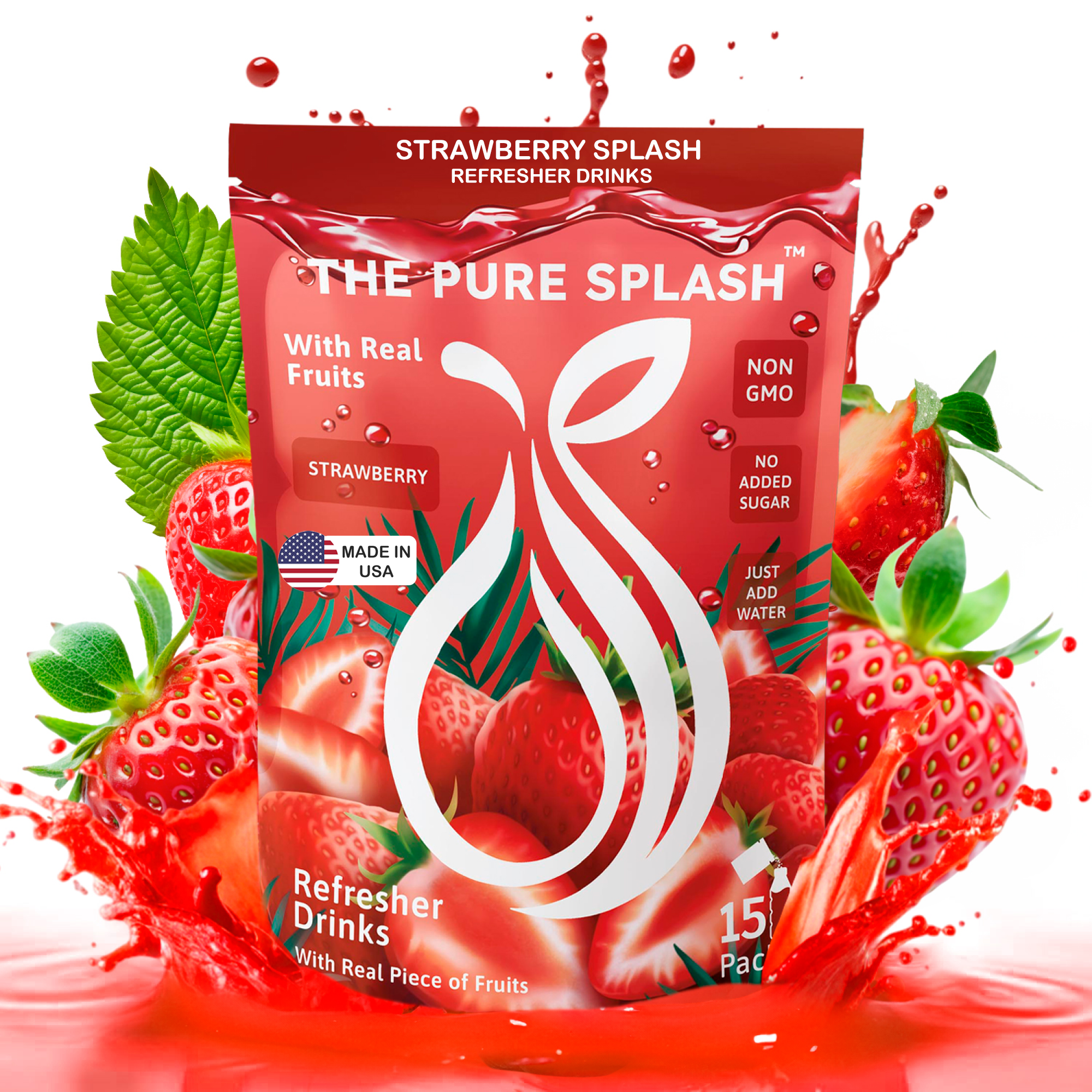 Strawberry Splash Refresher Hydration Powdered Drink – 15 Single On-The-Go Packets